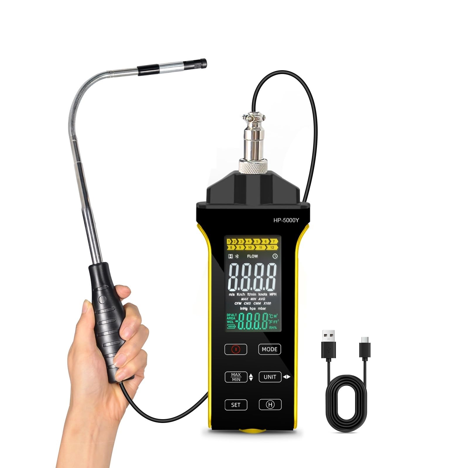 Anemómetro de alambre - Medidor de flujo de aire digital CFM/CMM, medidor de velocidad del viento medida 0,2~67 Mph, anemómetro térmico con giro de 360°
