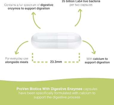 Pro-Ven Biotics with Digestive Enzymes | Daily Gut Support 25 Billion Lab4 Friendly Bacteria | Calcium Aids Digestion for Adults | 30 Capsules