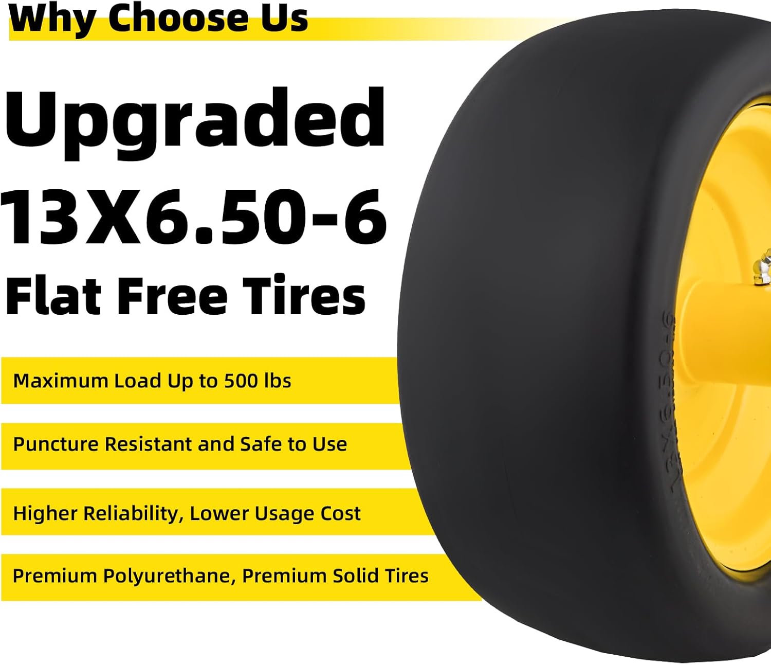 13x6.50-6 Flat Free Lawn Mower Tires and Wheel, 13x6.5-6 Solid Front Tire for Zero Turn Mower, Universal 3/4", 5/8" and 1/2" Bearings, 5.51"-7.91" Hub Compatible with john deere, 2Pack Yellow