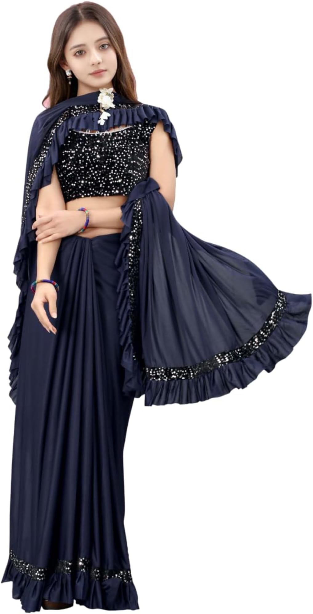 Dhyey fashion Fashionable Baby Girls Lycra Blend Saree with Velvet Unstitched Blouse Piece | Readymade Saree For Girls | Sarees For Girls