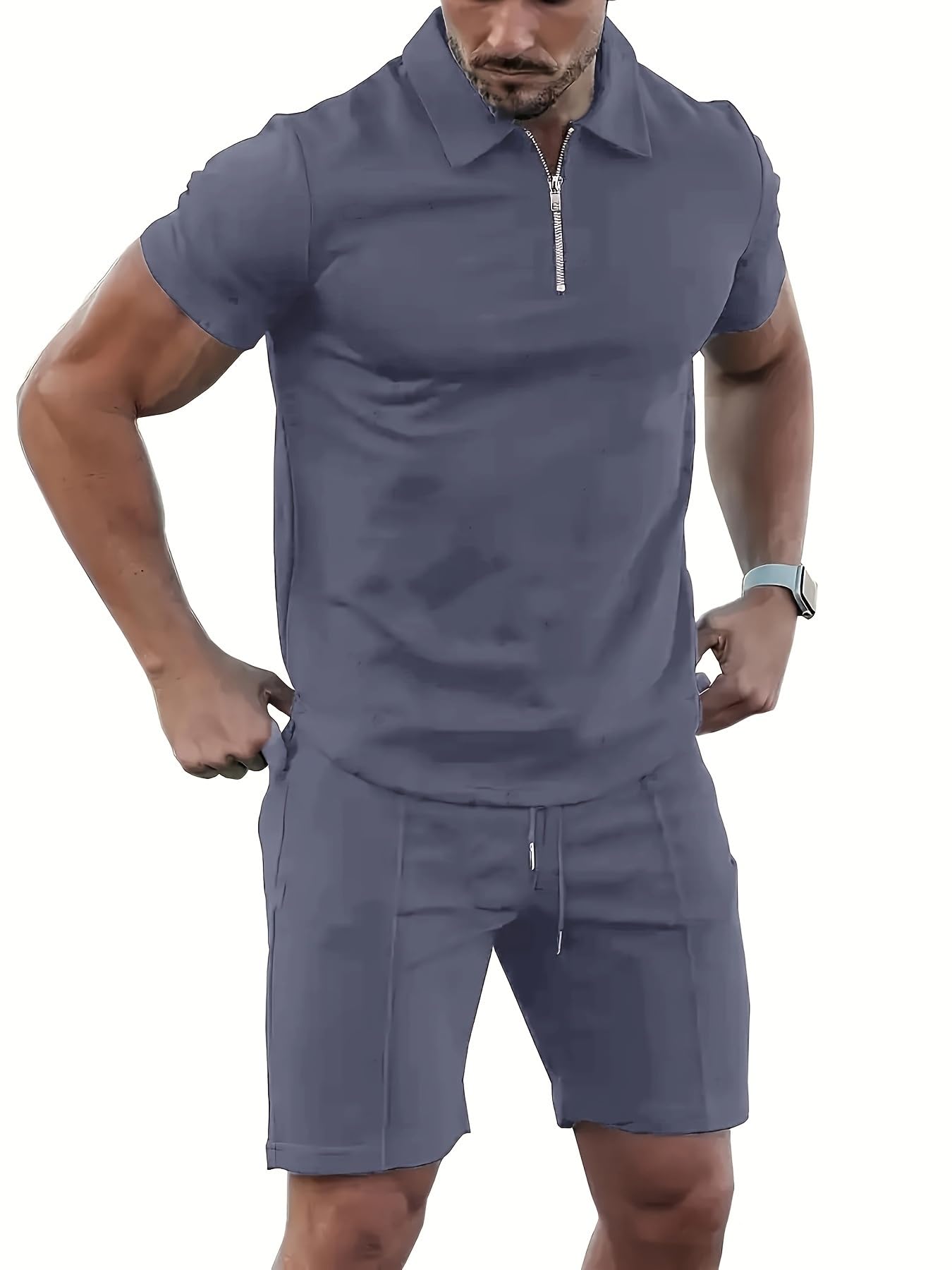 BORBOON quarter-zip short sleeve tracksuit in grey 100% polyester pull-on shorts
