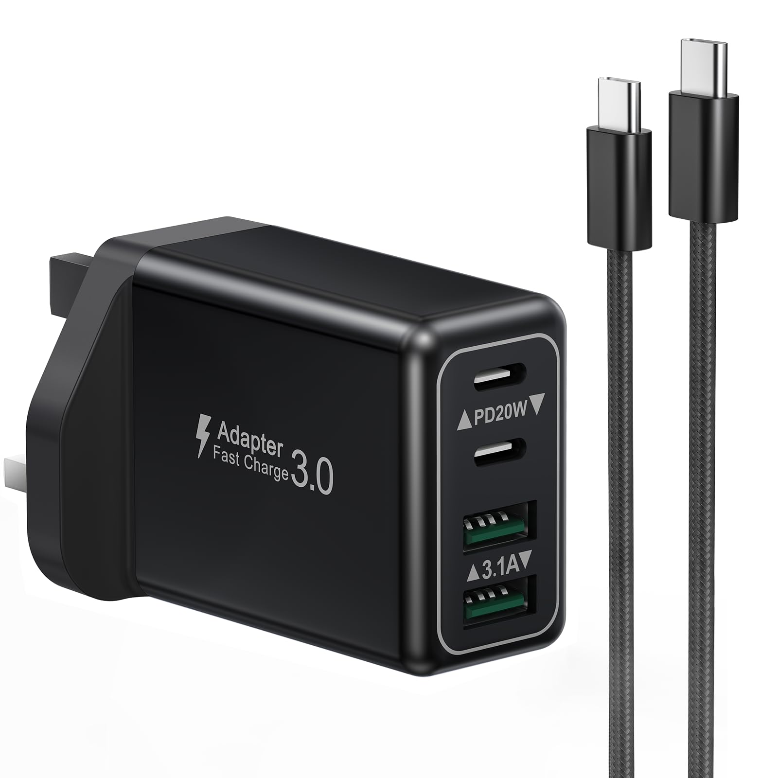 USBC Plug UK, 40W 4 Port USB Plug Fast Charger Dual USB-C Power Adapter+ QC USB Wall Plug, Multi Mains Charger Plug, Type C Charging Plug for iPhone 17 16 15 14 13 12 11 Pro Max Plus XS, Samsung — view 10