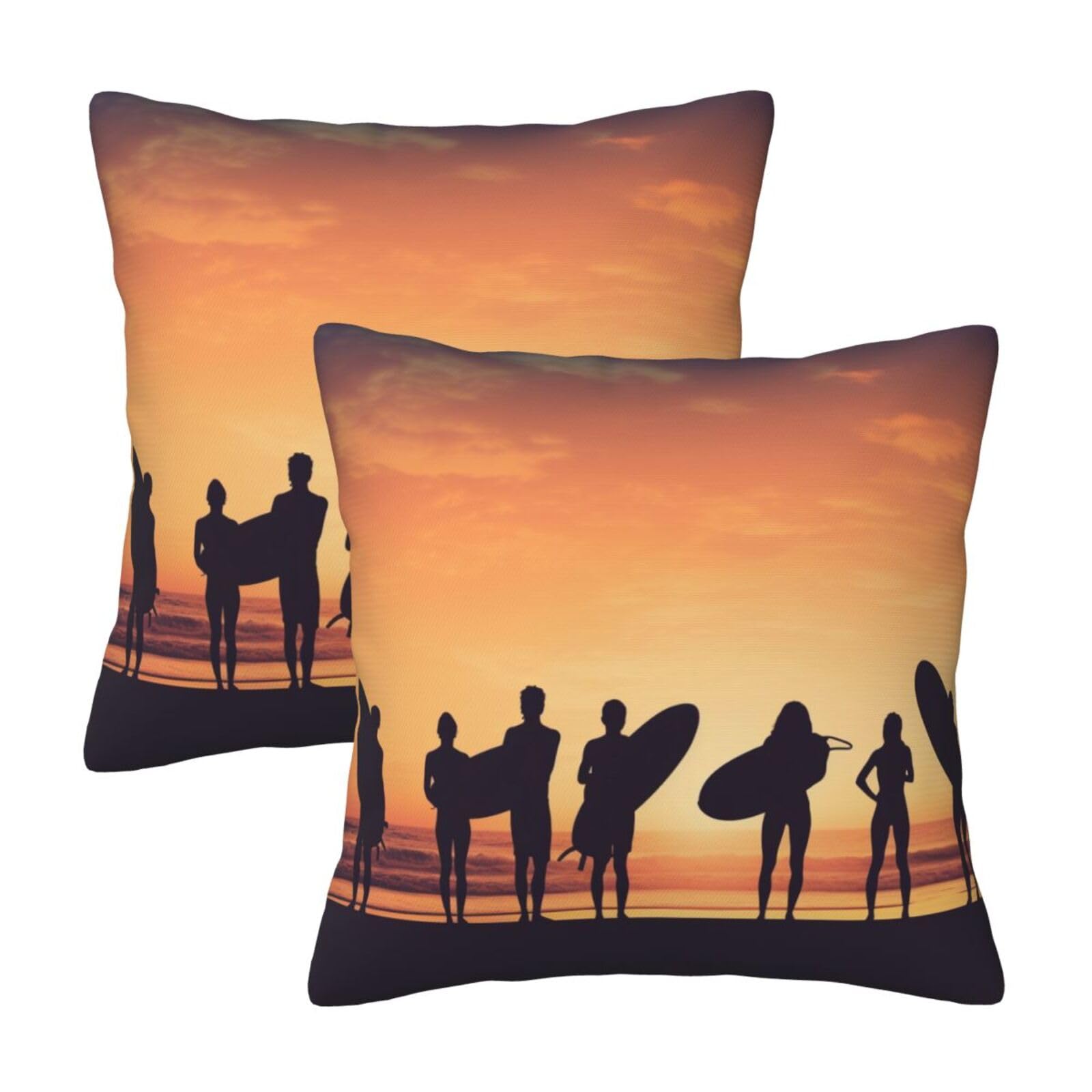 Silhouette of Surfer People Throw Pillow Cases 2 Pack Square Pillowcases Soft Pillow Protectors for Couch Livingroom Sofa Bed Office Car,40x40 CM