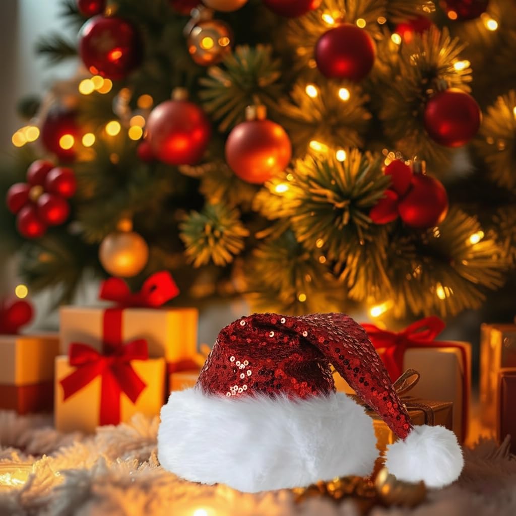 LLUOXI Red Sequined Santa Hat, Luxury Plush Velvet Christmas Hat for Adults & Kids - Image 4