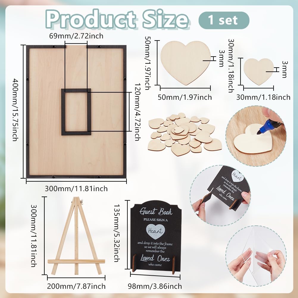 Wedding Guest Book Alternative, Guest Book Wedding Reception with 120Pcs Wooden Hearts 1Pc Black Guest Book Frame 4Pcs Drawstring Bags and Sticker for Anniversary Baby Shower Birthday