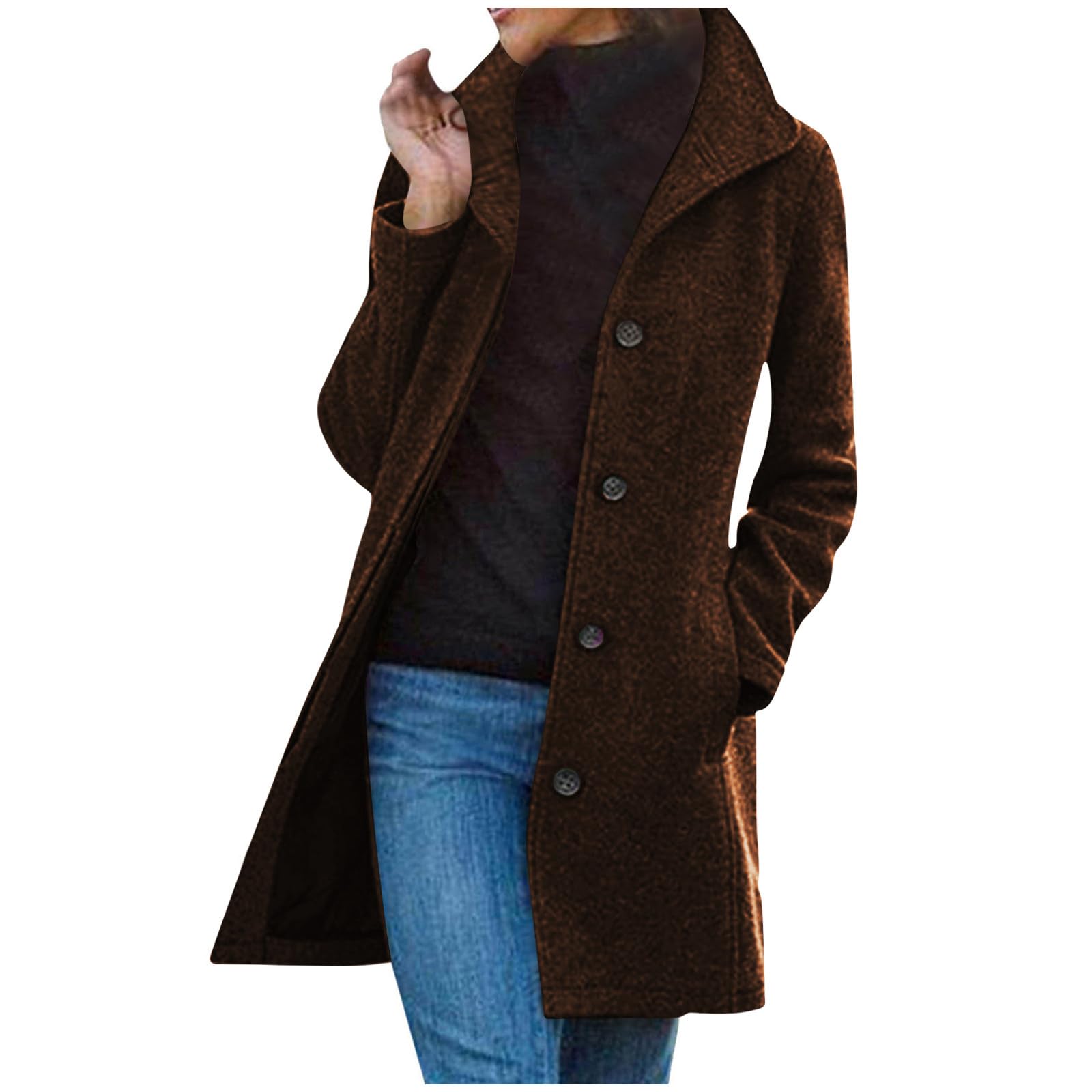 Cappotto Invernale Lungo Donna In Lana - Trench Elegante Plus Size Con Tasche - Caldo E Alla Moda - Foto 5
