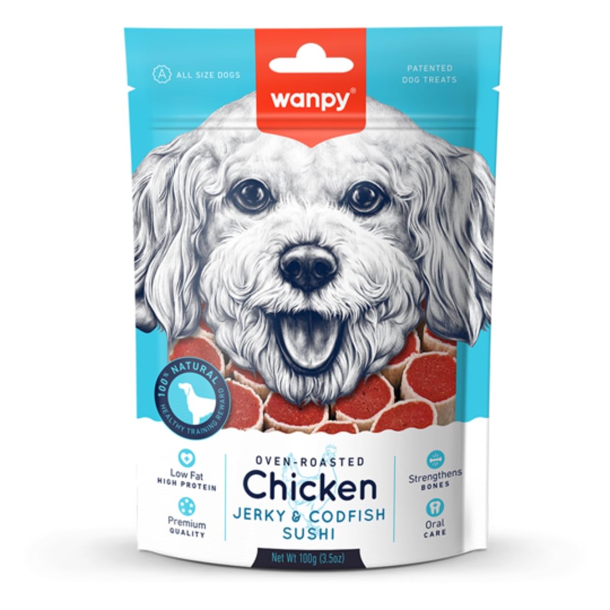 Wanpy Chicken Jerky and Codfish Sushi Dog Treats 100g