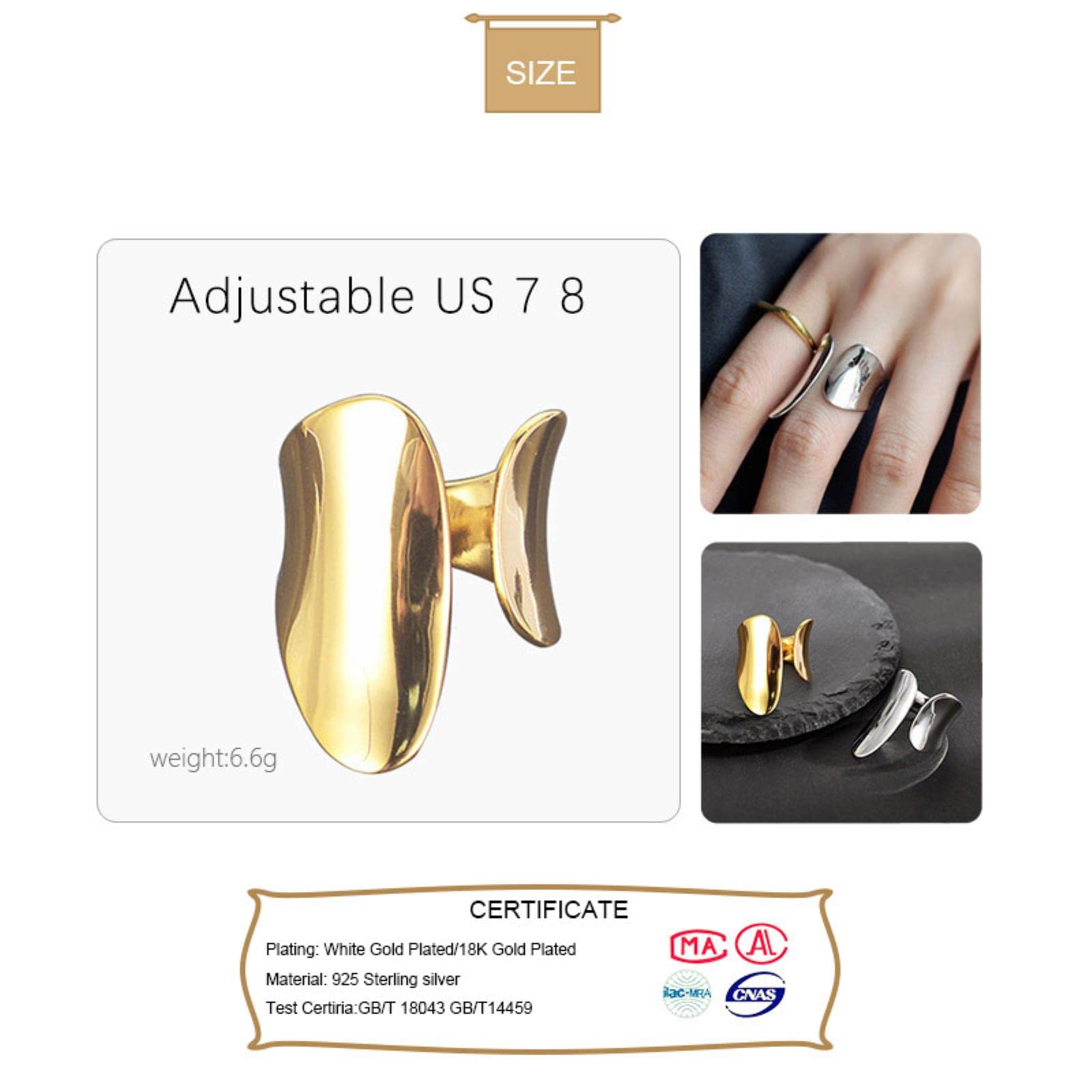 Anillo De Apertura De Superficie Lisa Hipérbole De Moda De Plata De Ley 925 Auténtica para Mujer, Joyería Fina para Fiesta De Boda