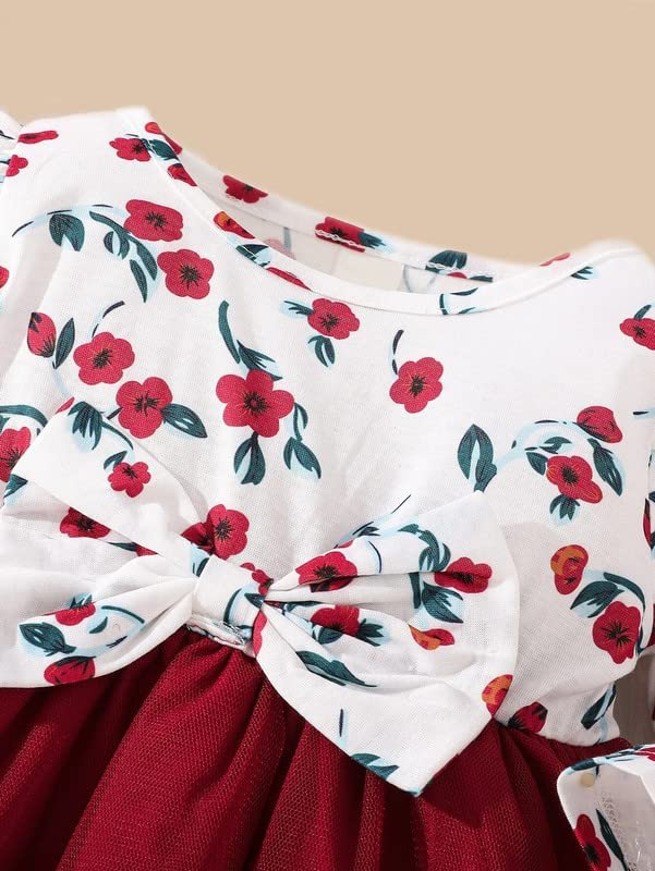 Image of OMLI Baby Floral Print Ruffle Trim Bow Front Mesh Hem Dress (4-5 Years, Red)