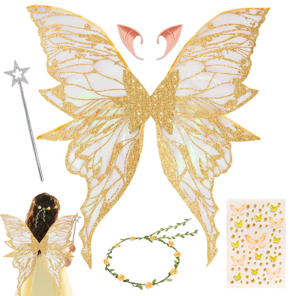Alas de Hadas para Adultos,Alas de Mariposa,Elf Ears,Varita Mágica | Flower Wreath,Pegatinas,Halloween,Navidad,Carnaval,Fiesta Temática
