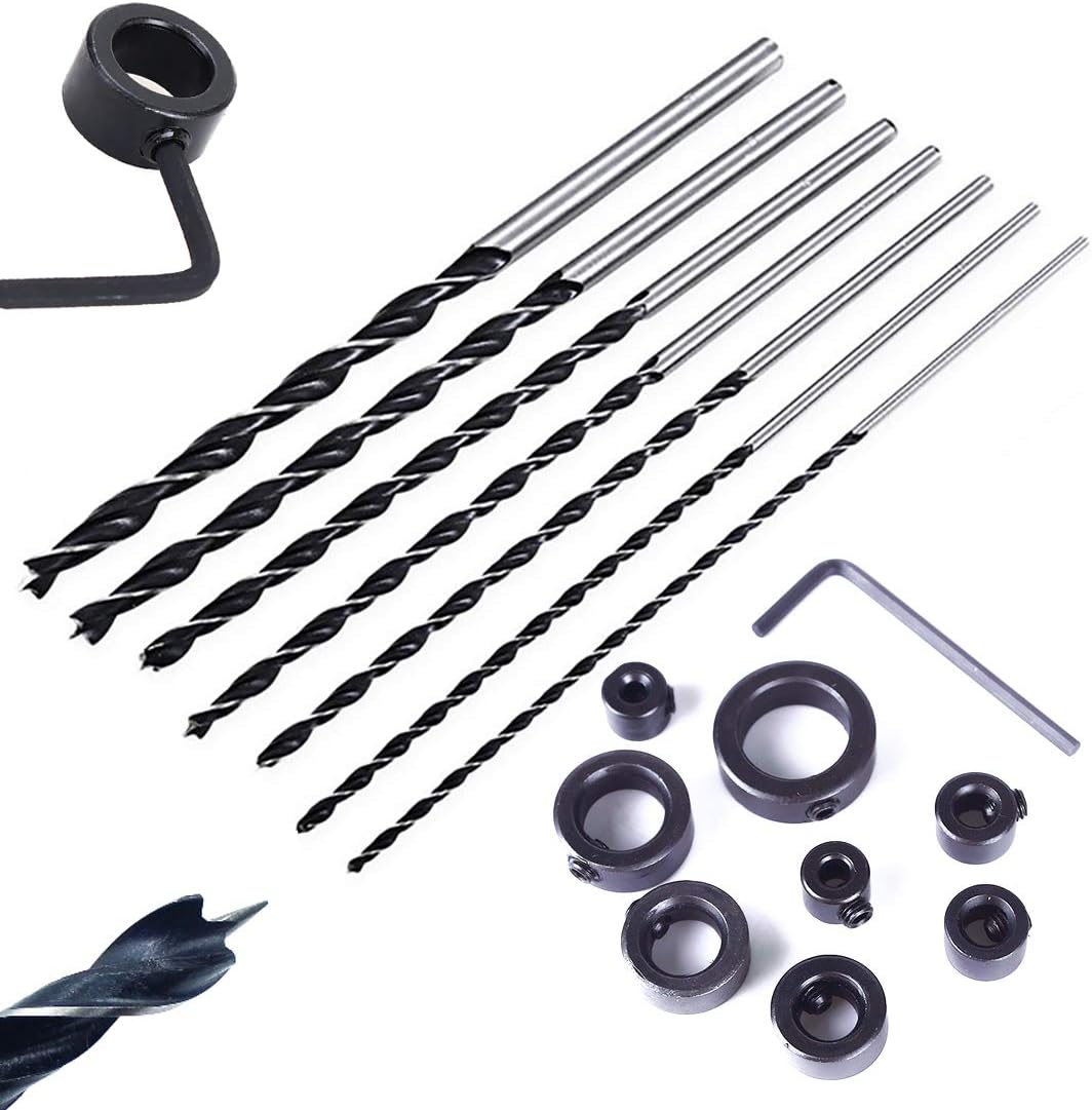 QISF 7Pcs 300mm Extra Long Twist Drill Bits Set (4-12mm）+ 9Pcs Woodworking Drill Bit Depth Stop Collars Ring Locator (3-16mm)，for Wood Hole Cutter Drilling DIY Plastic