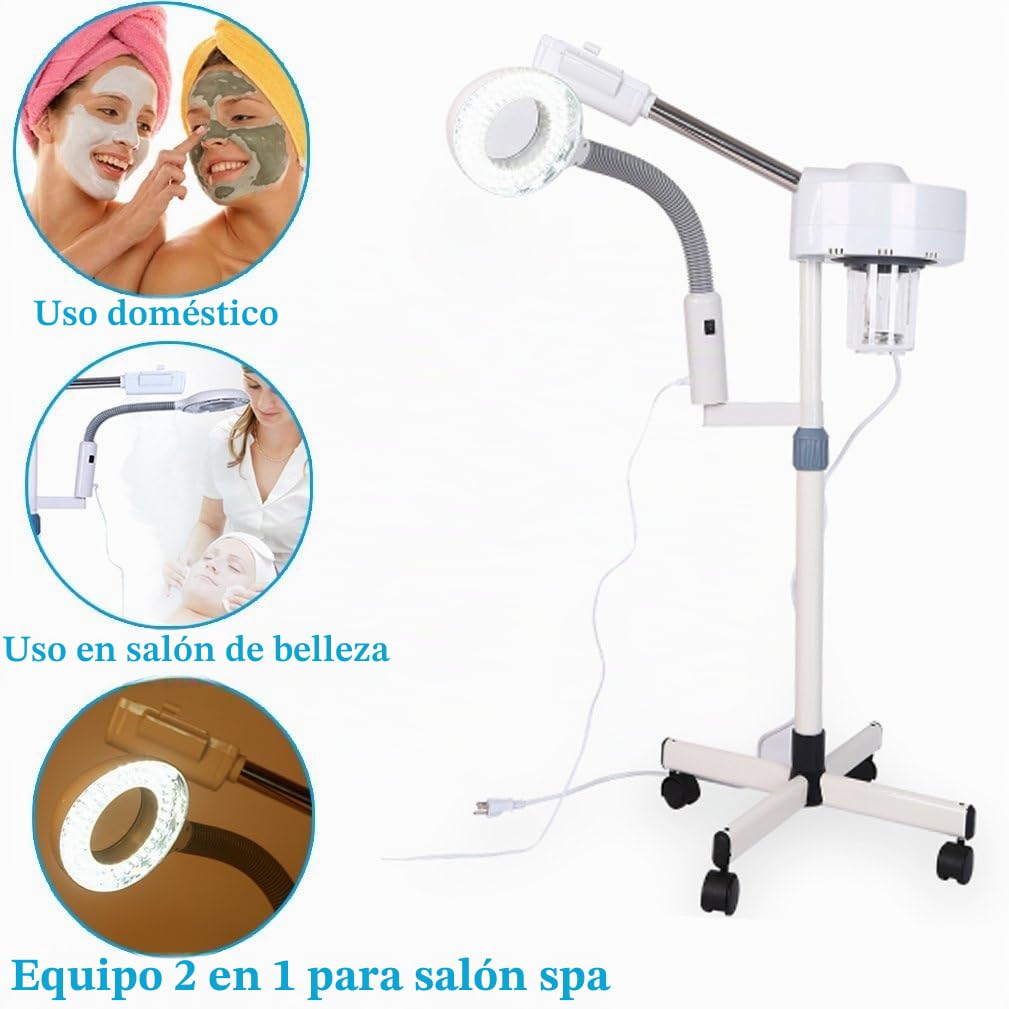 Vaporizador facial, LED 5 x con ampliación, máquina de pie 2 en 1, vaporizador facial, multifunción, spa profesional, humidificador de belleza facial, herramienta de cuidado de la piel