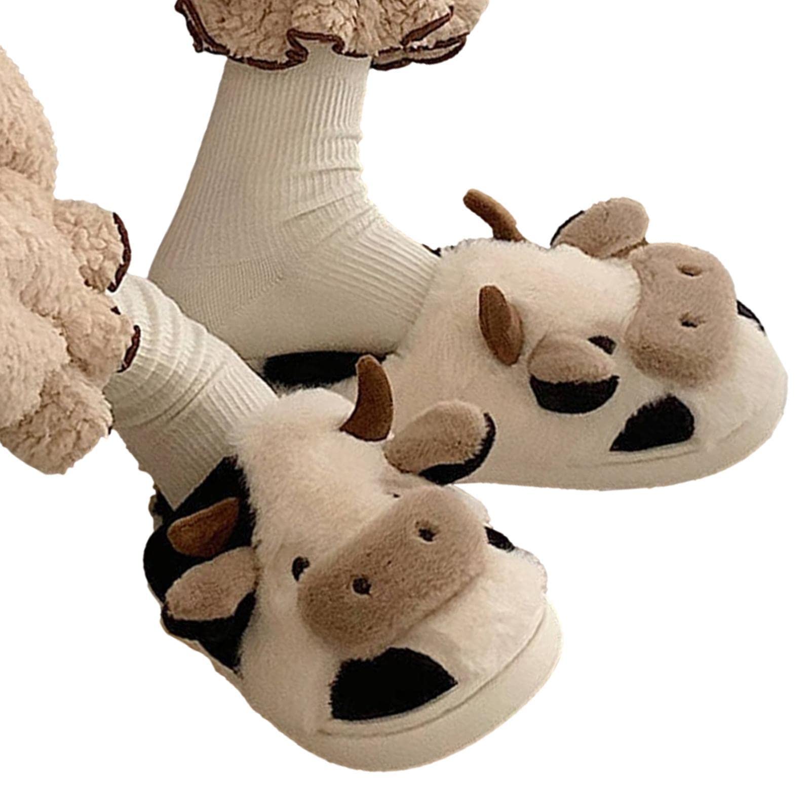 Fassme Women's 38 39 Cartoon Cow Slippers - Animal Fuzzy Slides For | Cartoon Soft Comfy Warm Plush Non Slip Indoor Home Slipper, Couples Slides Shoes
