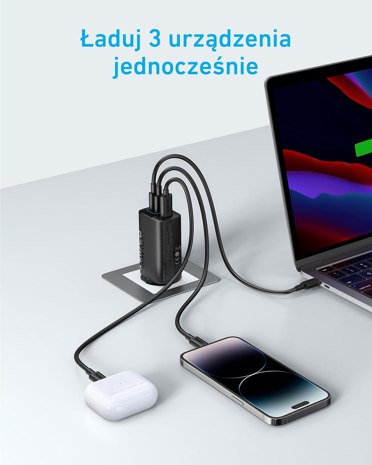 Ładowarka USB-C 67 W, Anker 335 wysokowydajny zasilacz z PIQ 3.0, 3-portowa szybka ładowarka, ładowarka PD do iPhone 16/15/14, MacBook Pro, iPad, Galaxy (kabel USB-C na USB-C w zestawie)