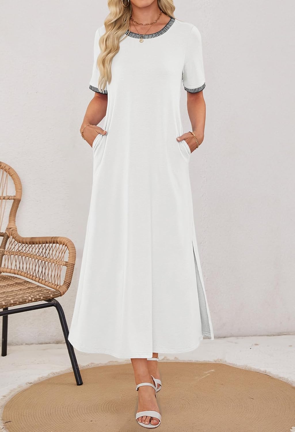 MEROKEETY Women's 2025 Summer Casual Maxi Dress Spring Beach Vacation Short Sleeve Crewneck Split Midi T Shirt Dresses - Image 6