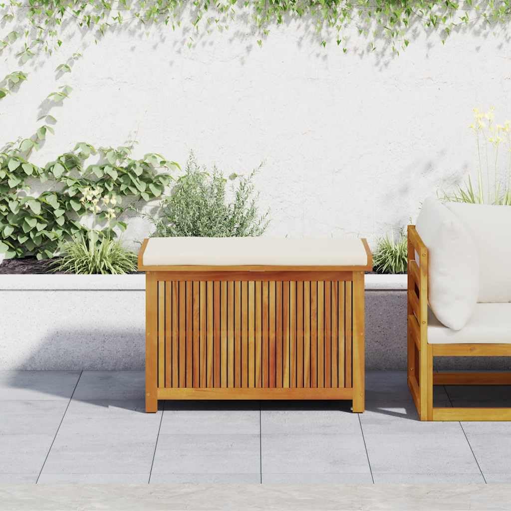 Scatola per cuscini per esterni, 90 x 50 x 60,5 cm, in legno massiccio acacia | Stoccaggio Giardino, Borsa Impermeabile Integrata, Doghe Ventilate, Coperchio Antipolvere
