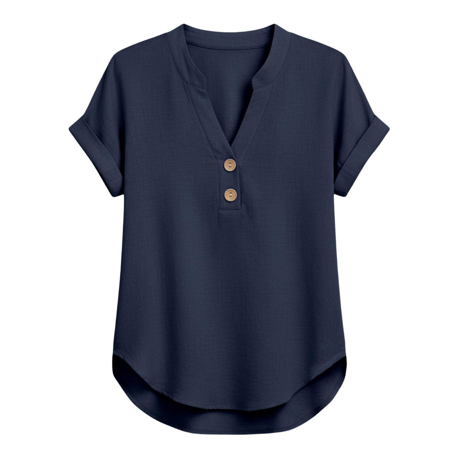 Camiseta de mujer algodón lino cuello V manga corta monocolor verano transpirable
