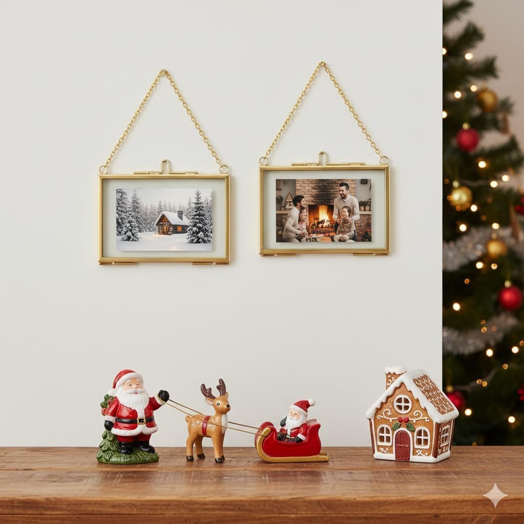 FOCHIER F 6 Pcs Pressed Flower Frame, Wall Hanging Tabletop Display Double Glass Frames with Metal Chain for Pressed Dried Flowers Plants, Horizontal and Vertical Picture Frame, Gold, FRAMES ONLY