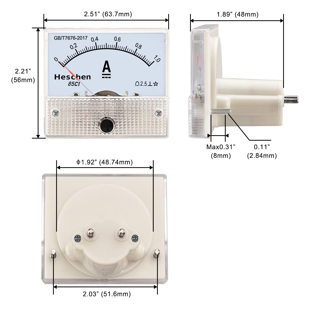 Sharprepublic] Rectangle DC Analog Amp Meter Ammeter 85C1 Tester 2.5 Accuracy 0-1A - View #6