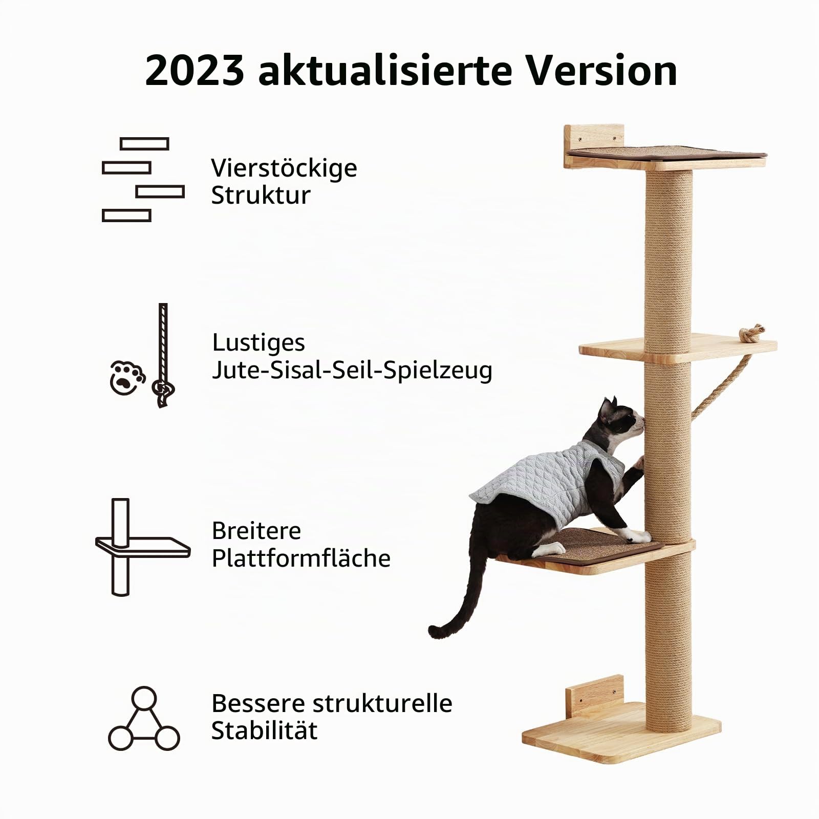 FUKUMARU Kratzbaum für Katzen, Wandmontage, 127,7 cm, Katzenbaum mit Katzenbett, Kratzpfosten und Kratzmatte aus Jute, Katzenkratzbaum aus natürlichem massivem Gummibaumholz, groß