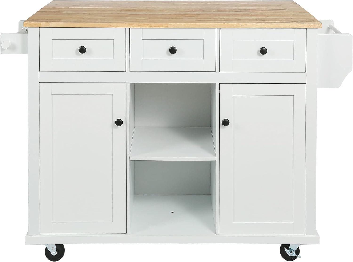 Kitchen Cart with Rubber Wood Drop-Leaf Countertop,Cabinet Door Internal Storage Racks,Kitchen Island on 5 Wheels with Storage Cabinet and 3 Drawers for Dinning Room,White
