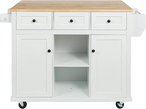 Rolling Kitchen Island with Storage and Drop Leaf, White