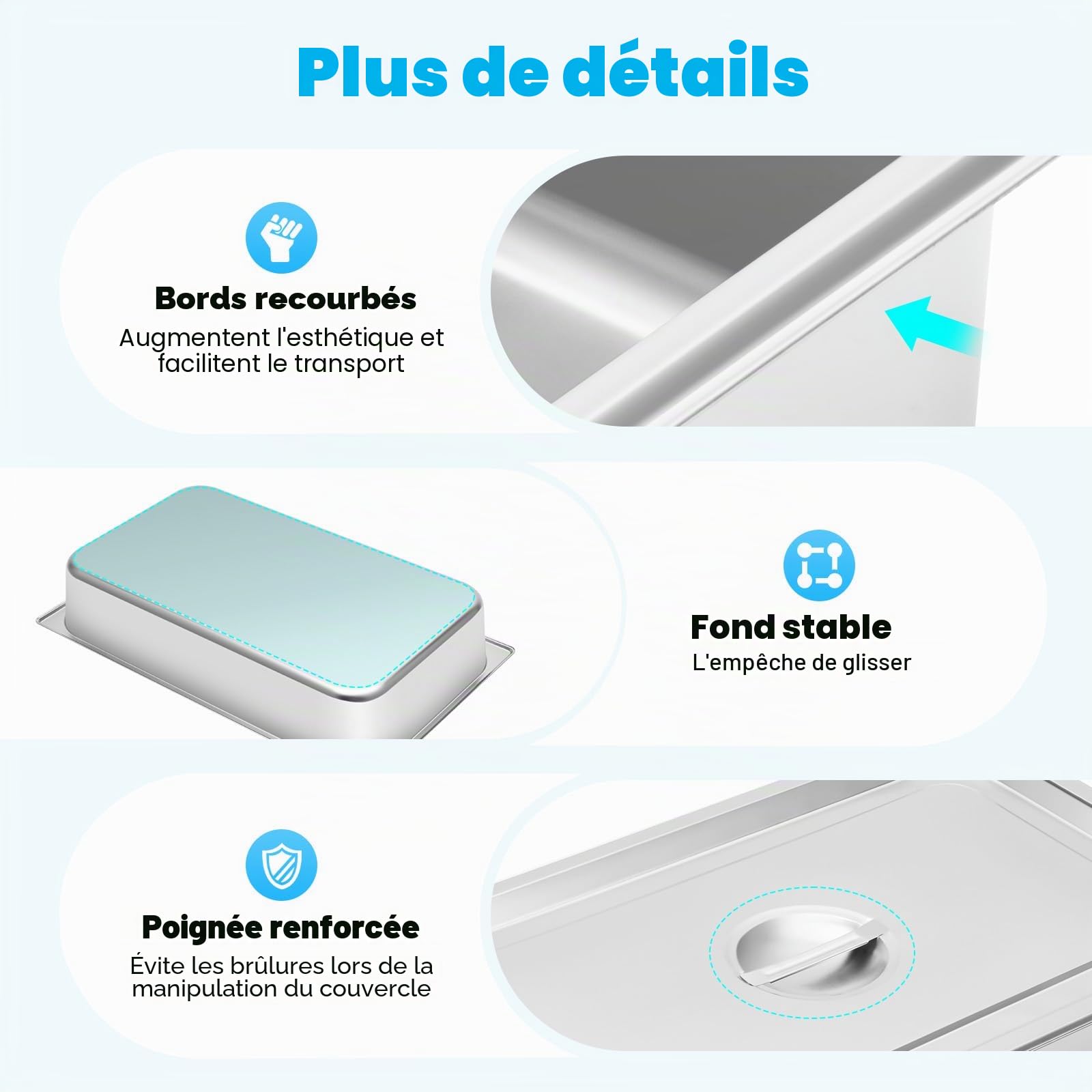 Bac INOX Alimentaire Lot de 4 Plats à Four en Acier Inoxydable 9L Épaisseur 0,7mm Bac Poli Rectangulaire Effet Miroir Aliments Chauds et Froids pour Cuisine de Restaurant Gril Gâteaux