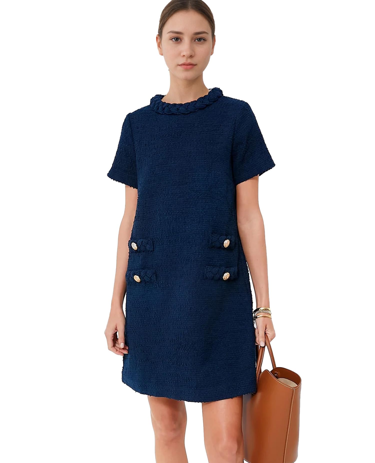 (Medium) Womens Tweed Jackie Dress Elegant Crew Neck Short Sleeve Button Bodycon Mini Dresses(Navy,M)