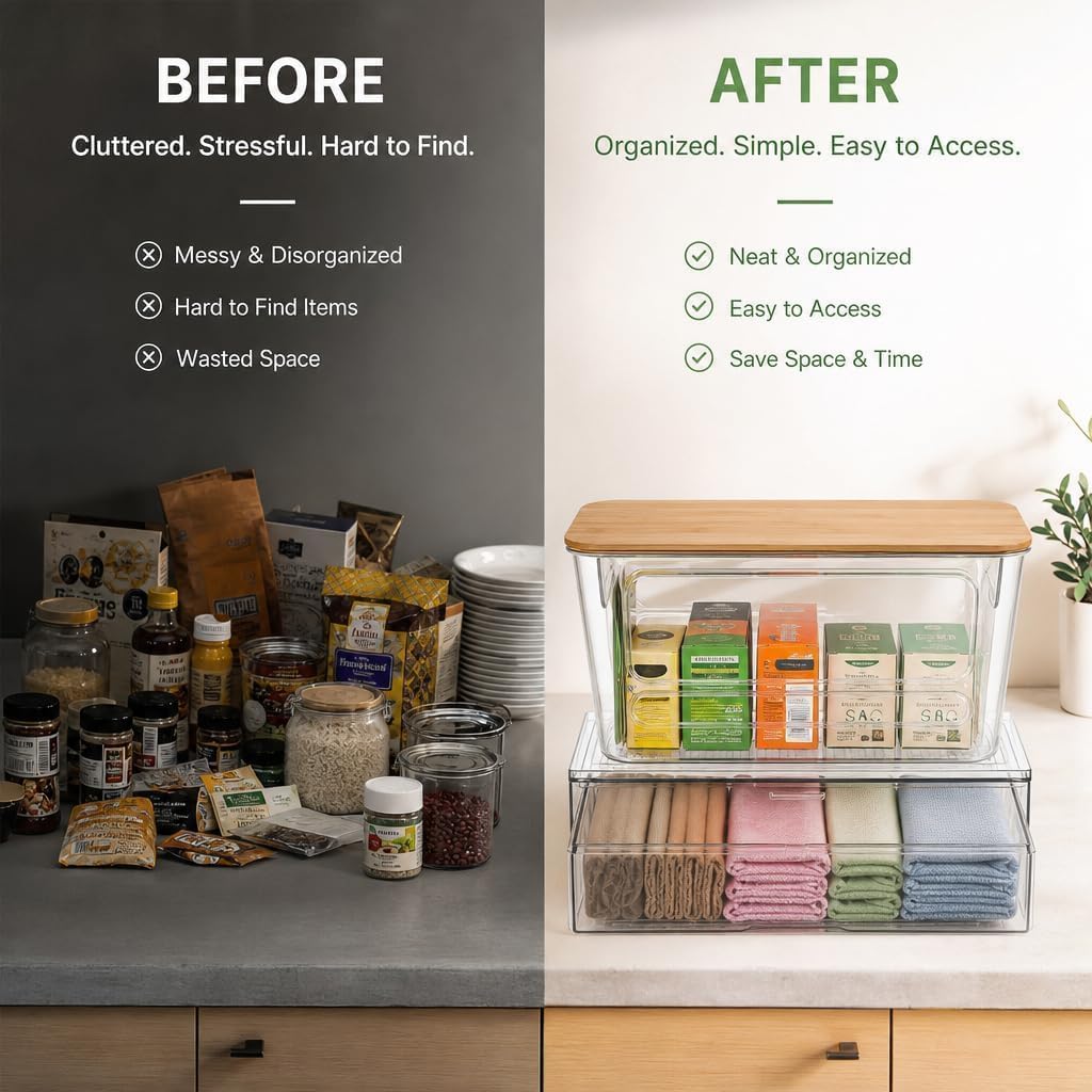 FOCHIER F 4 Pack Pantry Organizer with Bamboo Lid and Pull-Out Drawer, 2-Tier Clear Storage Bins for Trash Bags, Laundry Pods, Kitchen Supplies, Bathroom Essentials, Pantry and Home Organiza