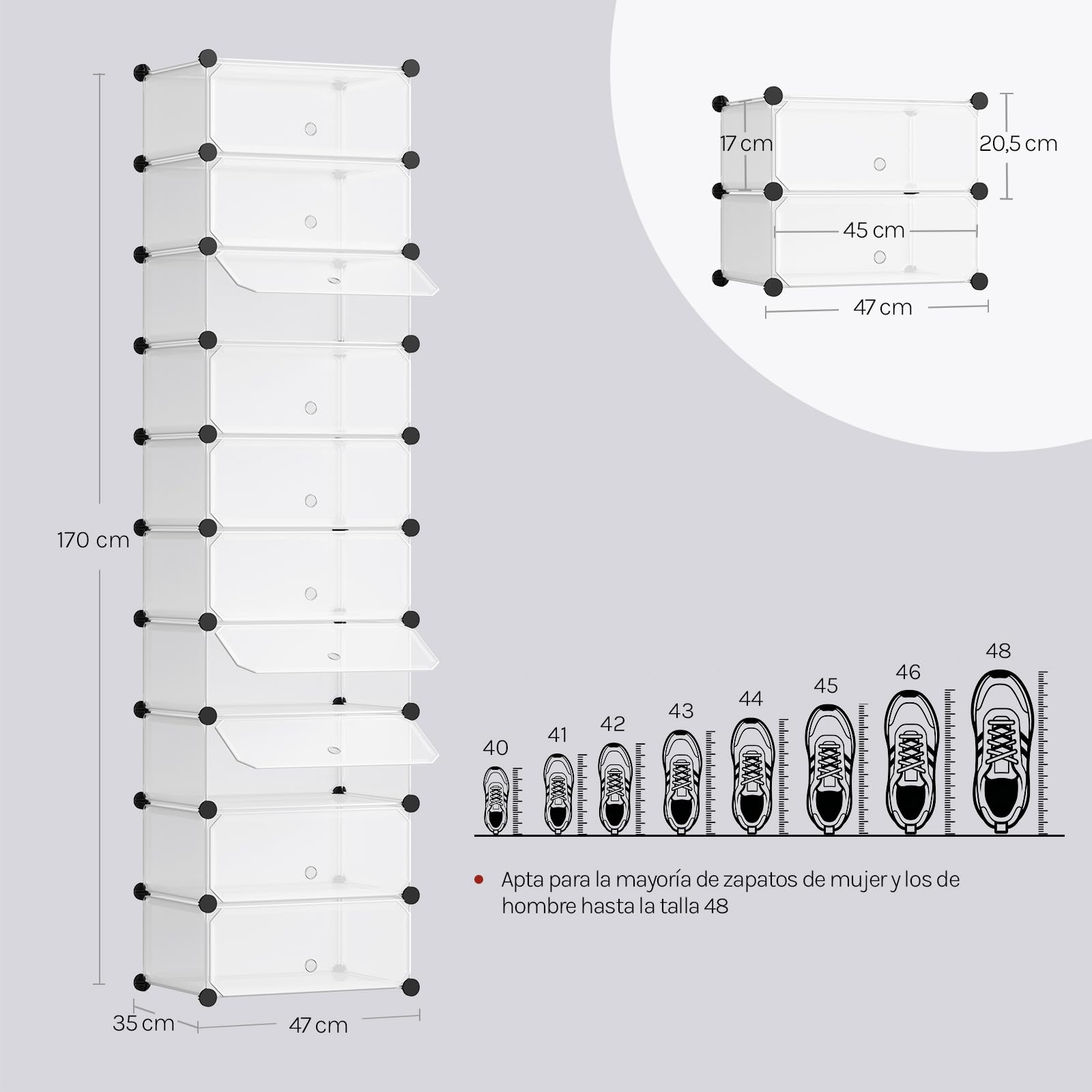 WOLTU Zapatero Modular Estantería por Módulos DIY, Zapatero con 10 Estantes Almacenamiento para Habitación Salón Baño 47x35x170cm Blanco