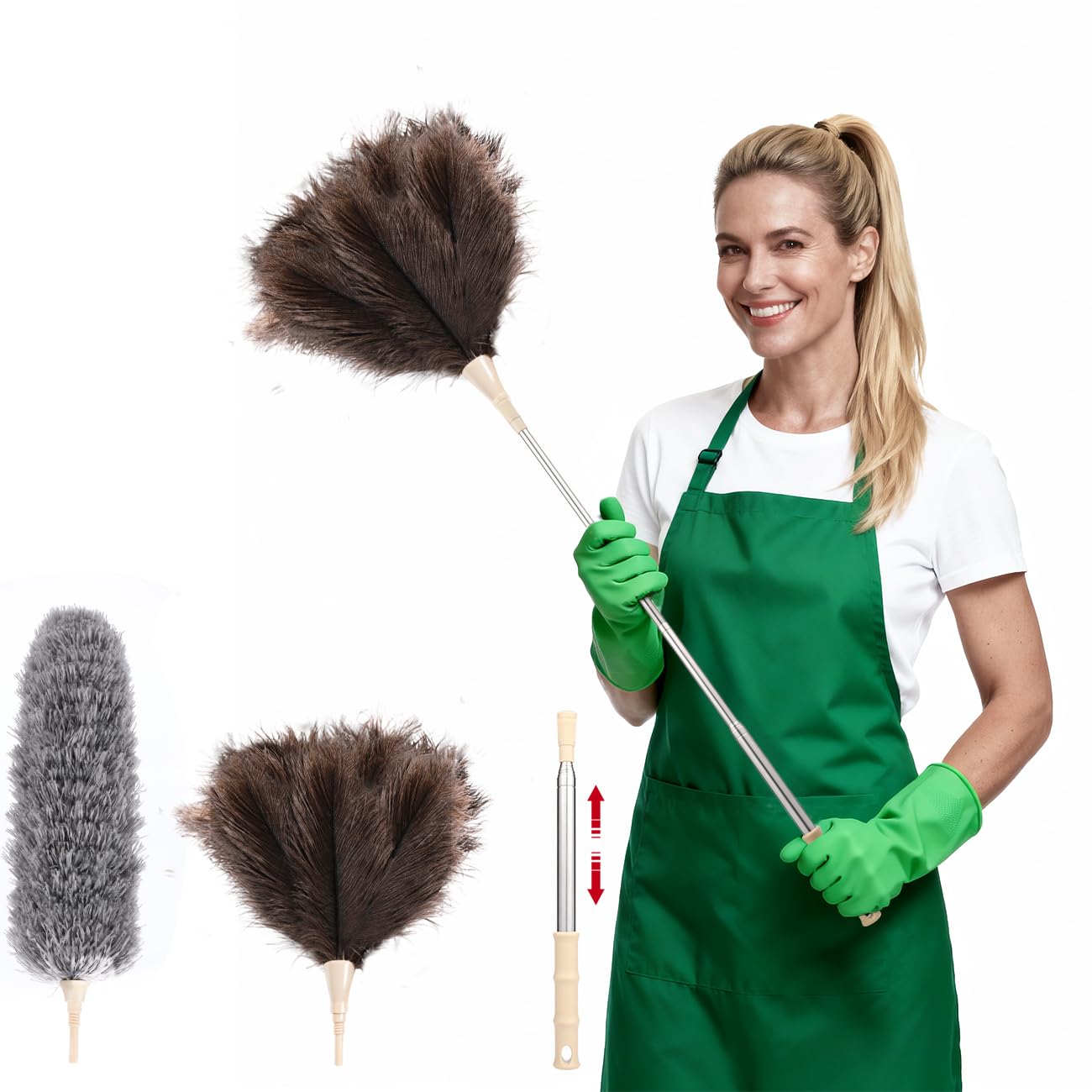 55" Extendable Feather Duster Set, Ostrich Feather & Microfiber Duster Heads with Telescopic Long Handle, Cobweb Duster for High Ceilings, Blinds, Radiators, Ceiling Fans, Shelves & Cars-image-32