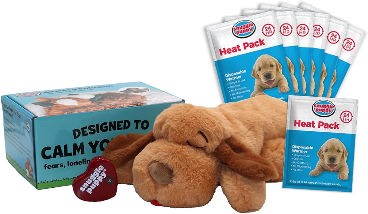 Juguete Snuggle Puppy Heartbeat, 6 paquetes de calor, comodidad calmante - Galleta | Comodidad para el entrenamiento en la jaula, paquete térmico, elementos esenciales para cachorros nuevos, primeras noches, sueño, razas medianas de 25 a 70 libras
