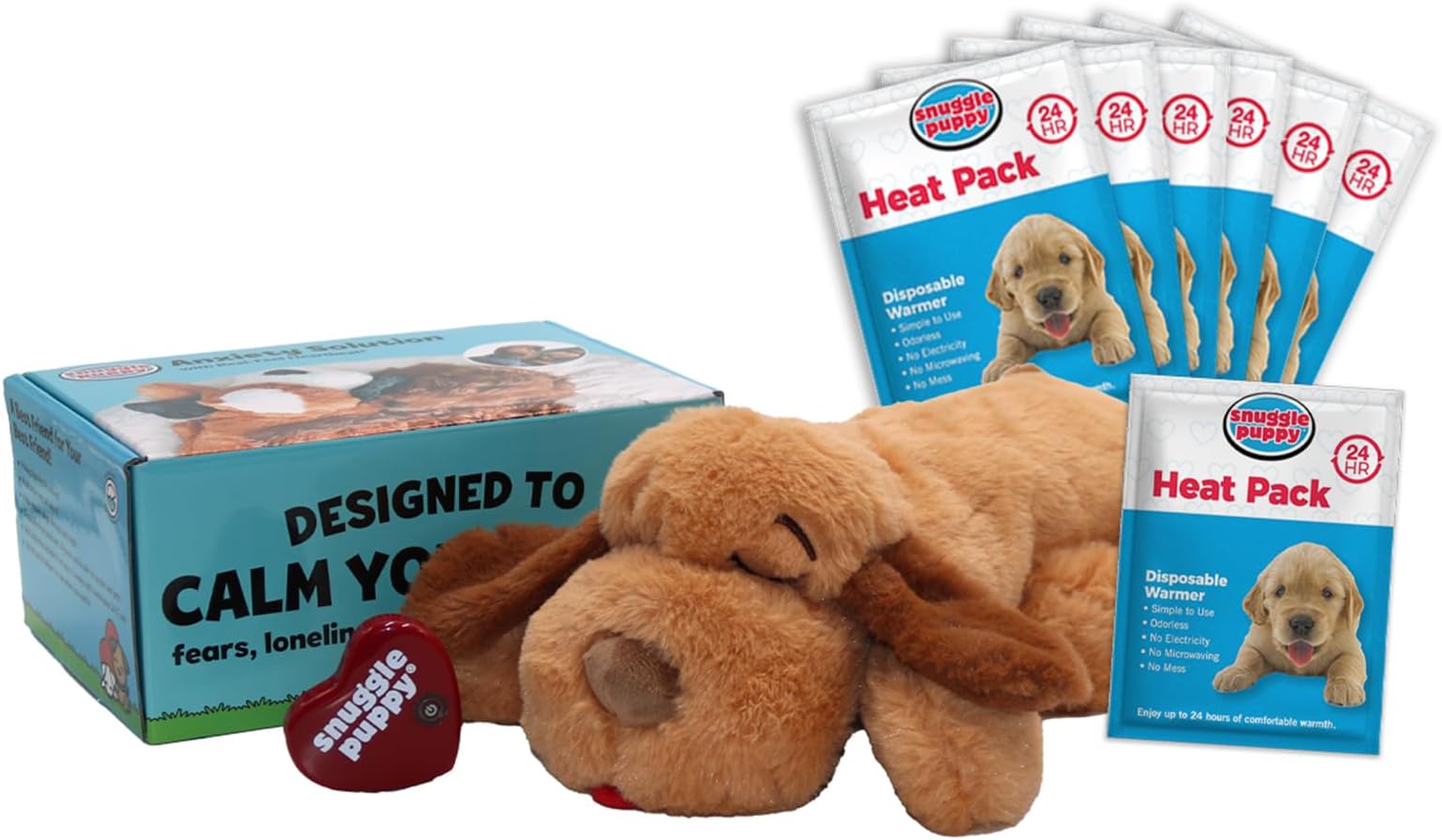 Snuggle Puppy Original Toys - Heartbeat Puppy for Dogs - Pet Anxiety Relief and Calming Aid - Comfort Dog Toys for Behavioral Training - Plus 6 Heat Packs