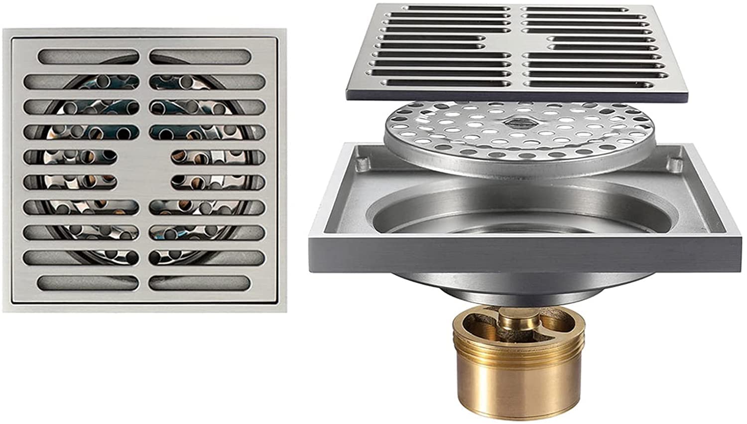 GLJTUO Shower Floor Drain Bathroom Tile Insert Floor Drai 4 Inch Square Brass with Removable Cover Grid Grate,Floor Drainer with Hair Strainer for Kitchen Washroom Garage and Ba