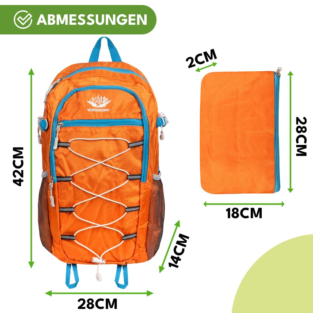 KRUMAD Zaino da escursionismo leggero, pieghevole, 25 l, unisex, impermeabile, da viaggio, campeggio, outdoor, trekking, con tasca, zaino sportivo pieghevole con supporto per Nordic Walking