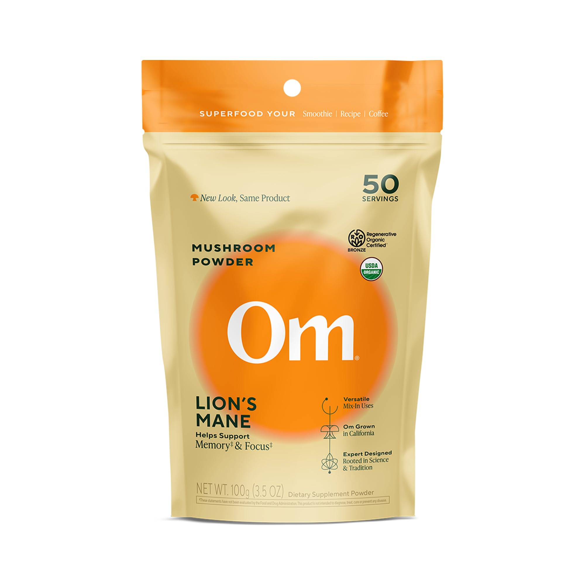 Om Lion’s Mane Mushroom Powder - Organic Mushroom Supplement and Nootropic - Support Memory, Focus and Nerve Health, 3.5 oz (50 Servings)​