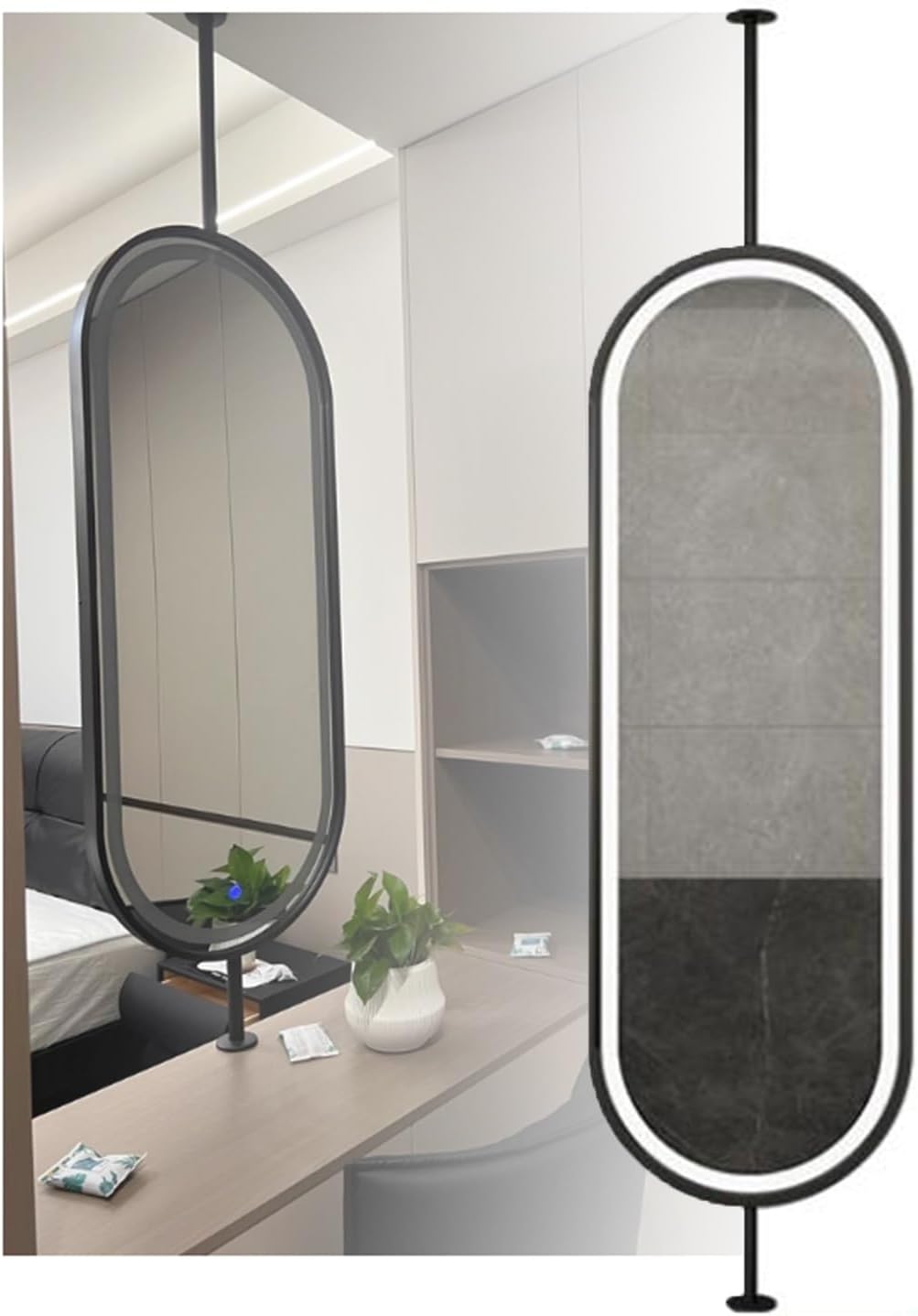 Ceiling Mounted Mirror, Oval Hanging Double-Sided Rotatable Mirror,Suspended Illuminated Bathroom Mirror with Light Touch Button,for Hotel Bathroom Washroom Cloakroom Living Room Entrance(Black,50x10