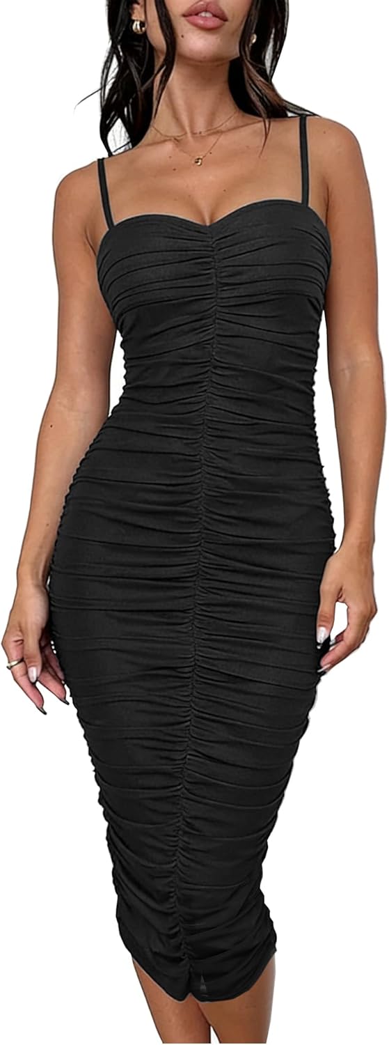 Women's 2026 Summer Floral Mesh Ruched Bodycon Dress Sexy Sleeveless Backless Cocktail Party Midi Dresses
