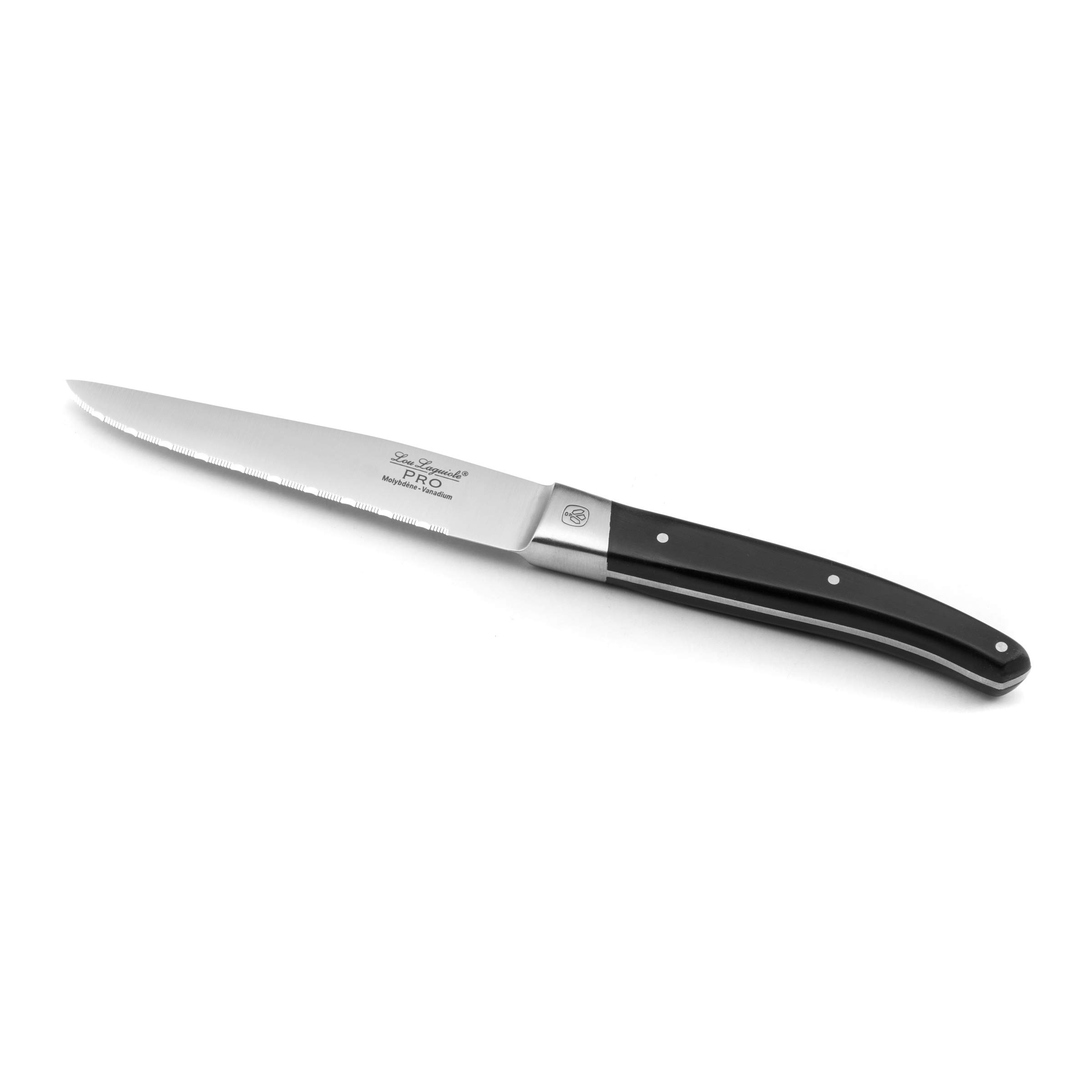 LOU LAGUIOLE Pro - Set couteaux steak de table, lames steak microdentées, 6 pièces, Taille 23.2cm (lame 11.5cm), Acier 5Cr15MoV - Finition Brillante - Noir