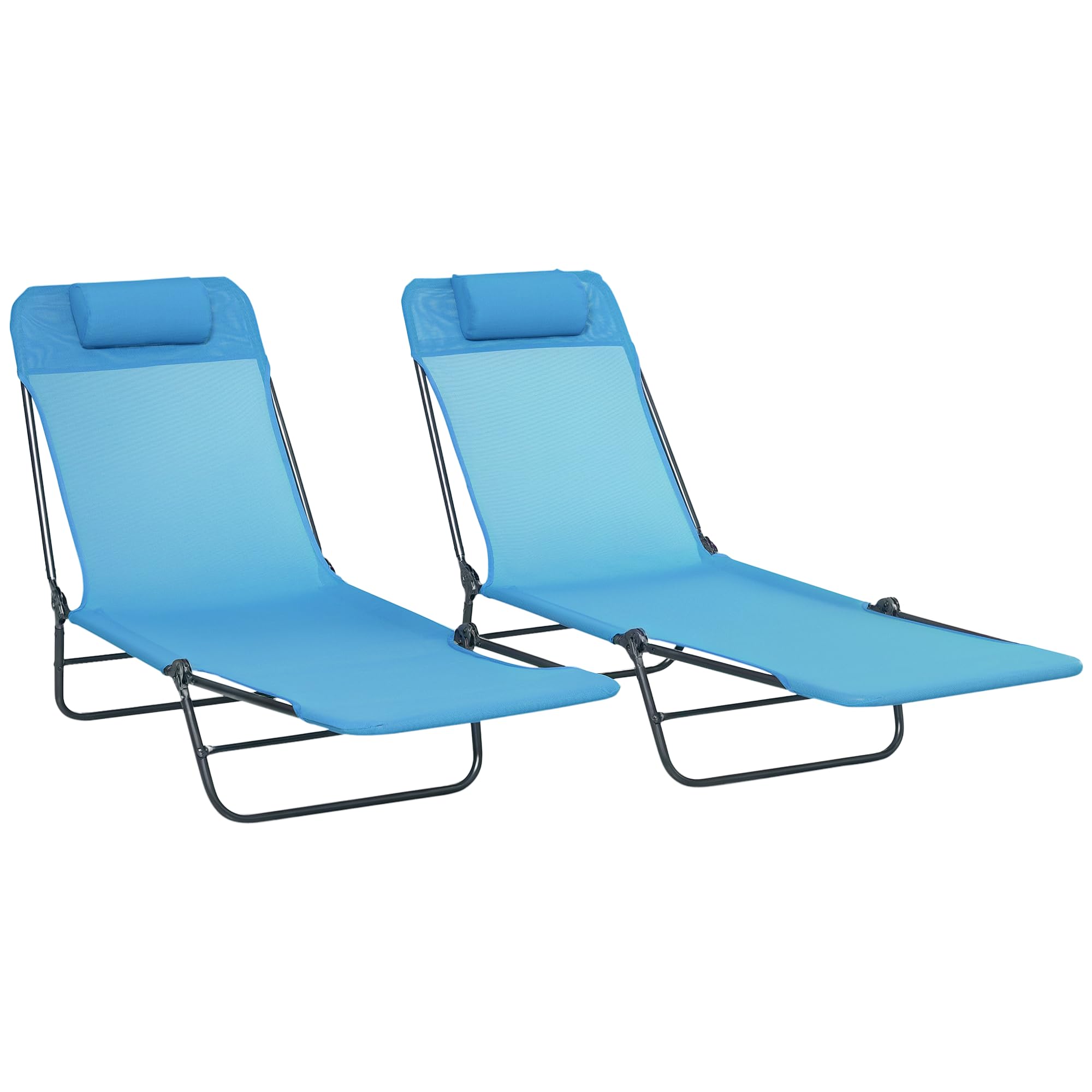 Outsunny 2 Piece Folding Chaise Lounge Chairs, Pool Sun Tanning Chairs with Reclining Back, Breathable Mesh Seat, Headrest for Beach, Yard, Patio, Blue