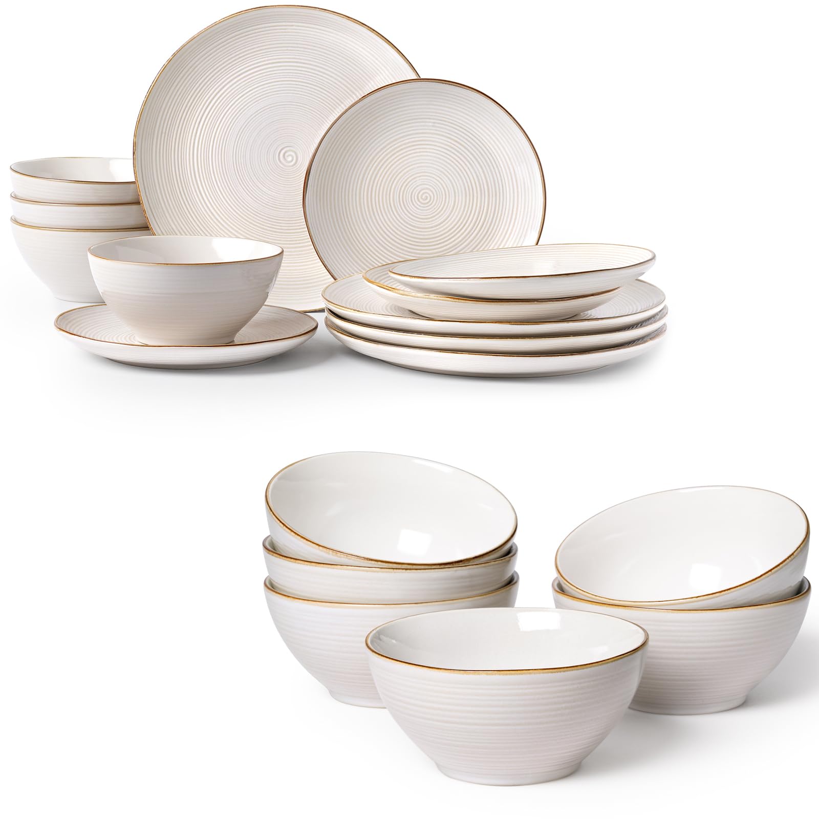 famiware Tempus 18 Pieces Dinnerware Sets, Plates and Bowls Set for 4, 20 oz Cereal Bowls for Serving - Antique White
