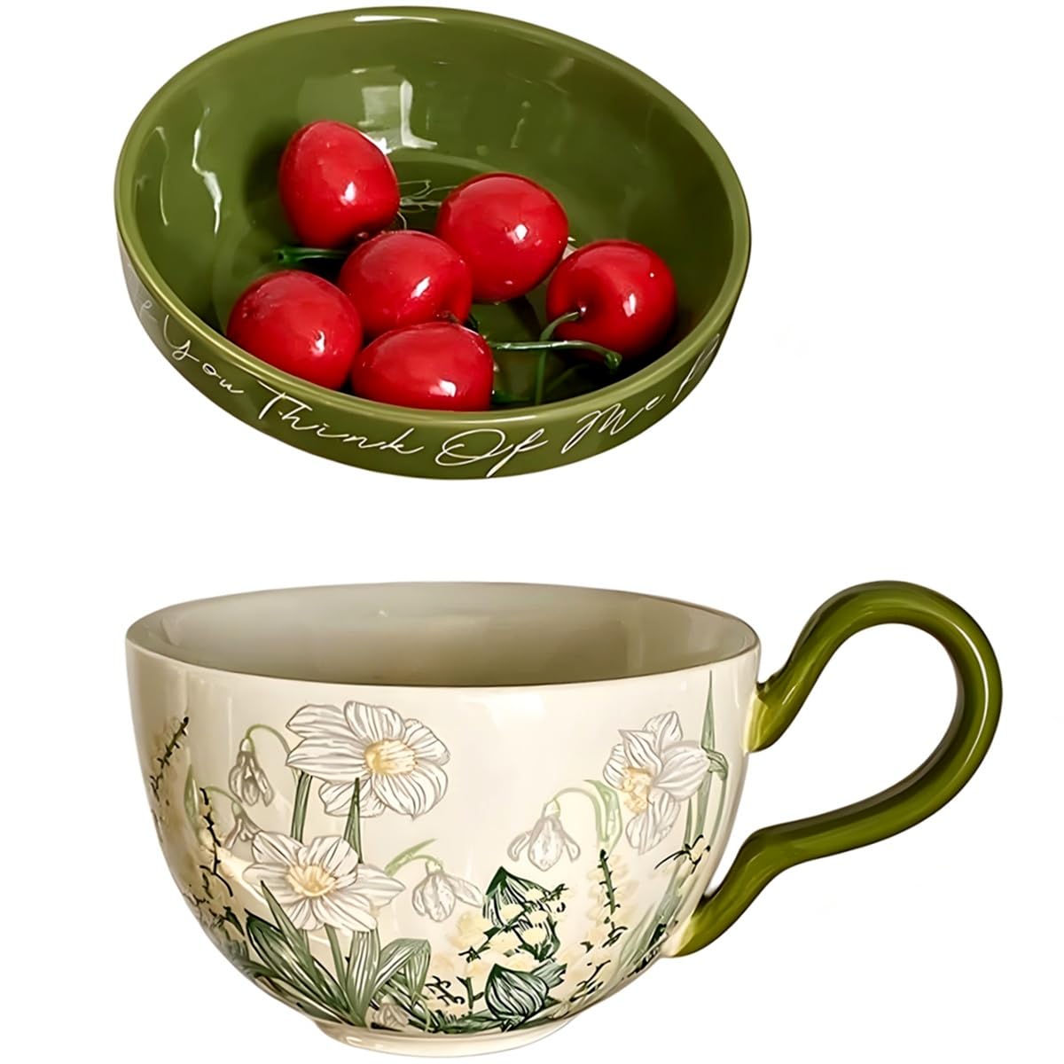 Microwavable Soup Bowl with Handle, Hand Painted Wind Chime Flower Decorative Soup Bowls with Handles, Ceramic Soup Bowl with Lid for Holding Fruits Cereal Snack, Chili, Ice Cream, Stew and Salsa Etc.