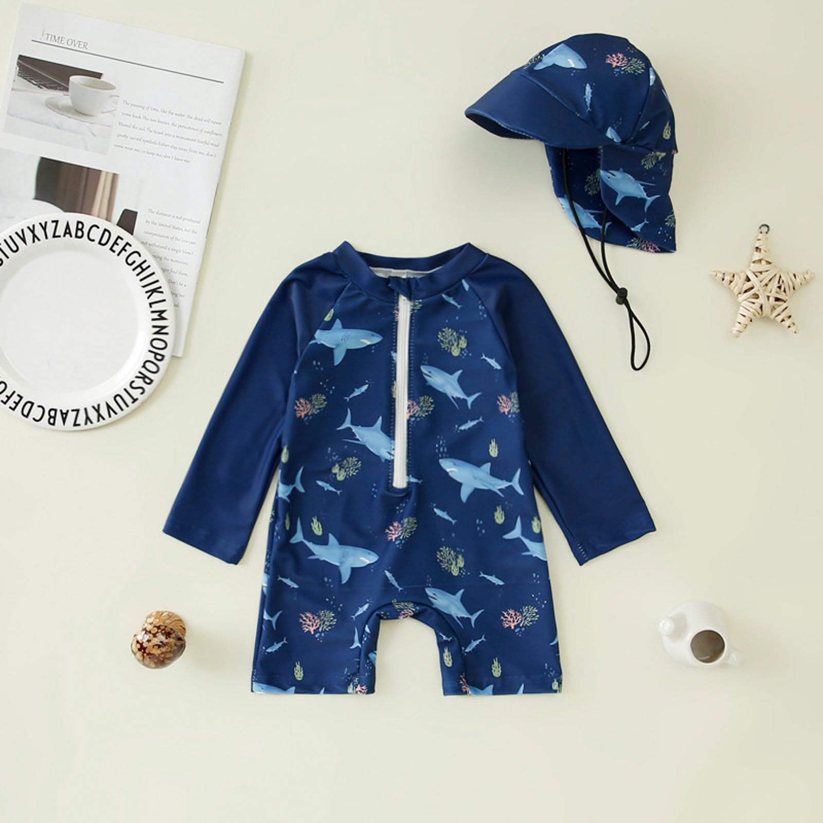 MaNMaNing Completo Mare Bambino Tre Pezzi Squalo Stampa Cappello Zip Spiaggia Estate Completo Mare Squalo Bambino