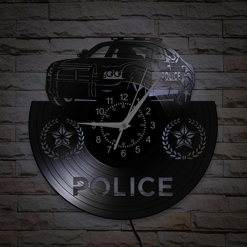 12 Inch Police Car Wall Clock 7 Color Changing, Police Officer Vinyl Wall Clock Police Badge LED Clock Police Decor for Office Police Department Police Station Policeman Retirement Gift