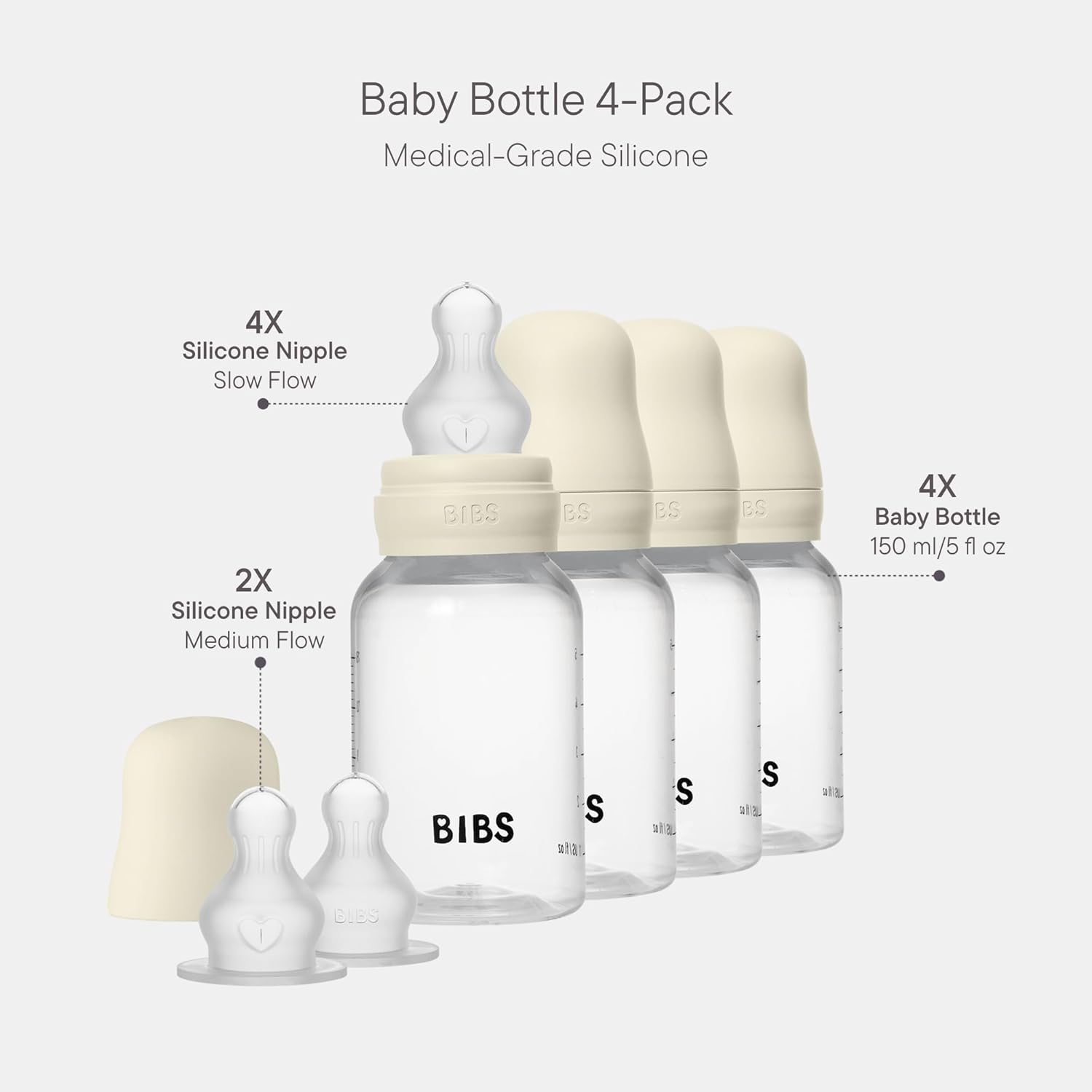 BIBS Baby Bottle 150 ml Silicone Nipple 4 Pack - Anti-Colic, BPA-Free, Round Nipple, Lightweight & Easy to Clean, Suitable for Newborns 0+ Years, 4-Pack + 2 Extra Nipples - Ivory