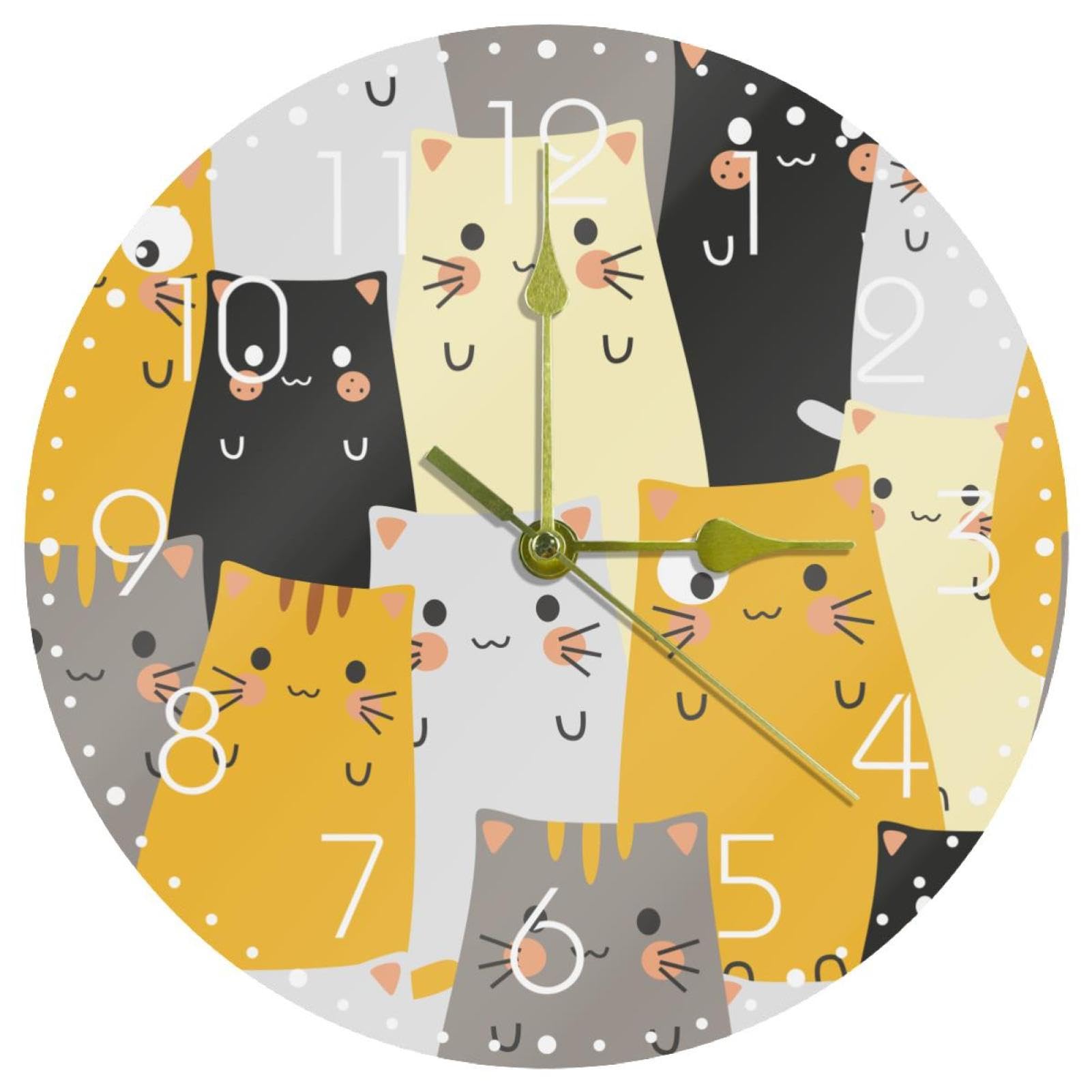 Horloge murale de 25,4 cm ronde style chat mignon jaune noir et gris a quartz