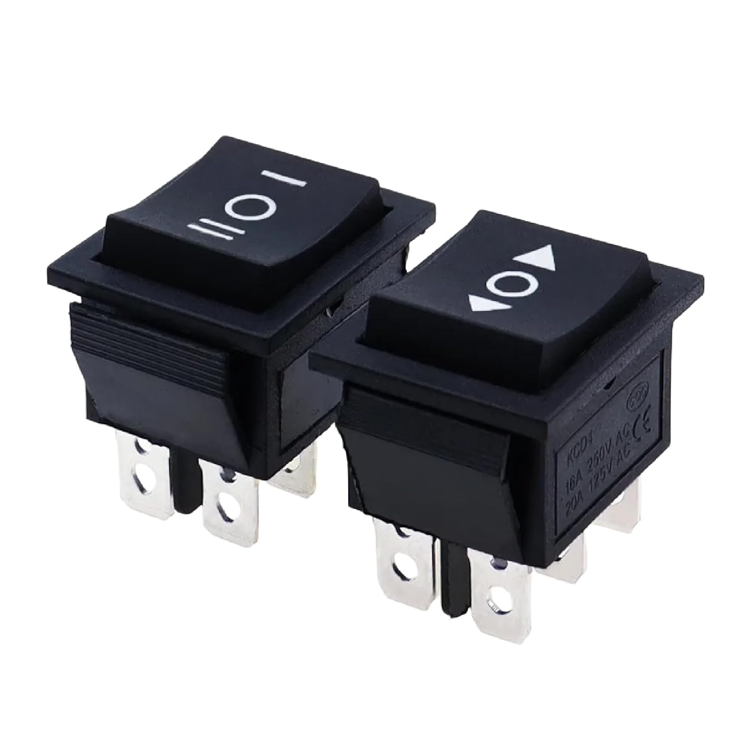 KCD4 3-Position Rocker Switch, 6-Pin, 16A 250VAC/20A 125VAC, Black (ON-Off-ON)