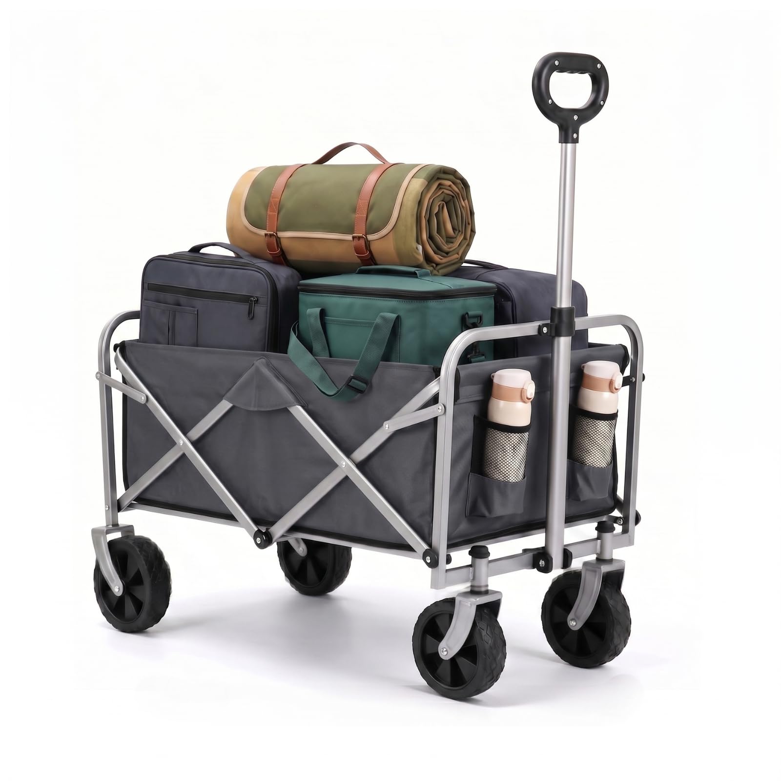 Chariot Pliable avec Freins, Chariot de Transport à Roues Tout-Terrain, capacité de Charge de 100 kg, pour Plage, Jardin, Camping, Shopping (Gris)