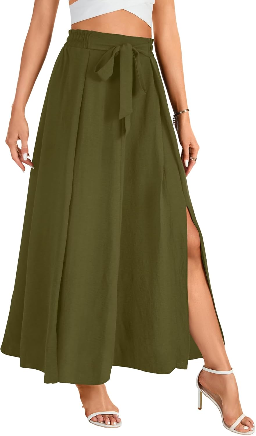 LYANER Women's Tie Knot Front Side Split Pleated A line High Waist Flowy Boho Long Skirt - Image 4