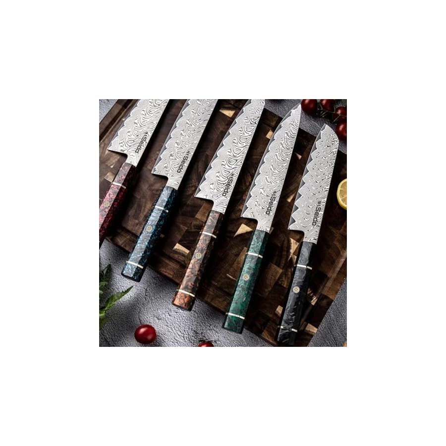 Epokishi 5-Piece AUS-10 Damascus Knife Set – Premium Japanese Chef Knives with Resin & Carbon Fiber Handles – Includes Gyuto, Santoku, Nakiri, Bunka, and Kiritsuke